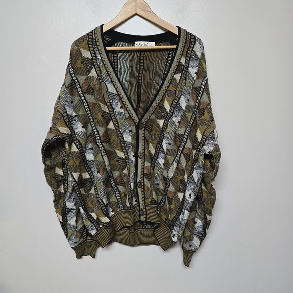 St Croix 3D Knit Cardigan Sweater Brown Multicolor Cotton‎ Size Large USA Made